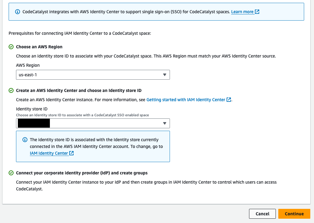 AWS Console screenshot showing the initial page to set up IAM Identity Center for CodeCatalyst