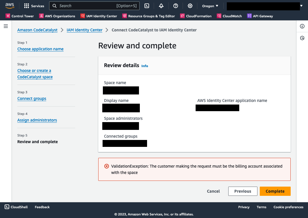 AWS Console screenshot showing the review of CodeCatalyst-IAM Identity Center configuration values