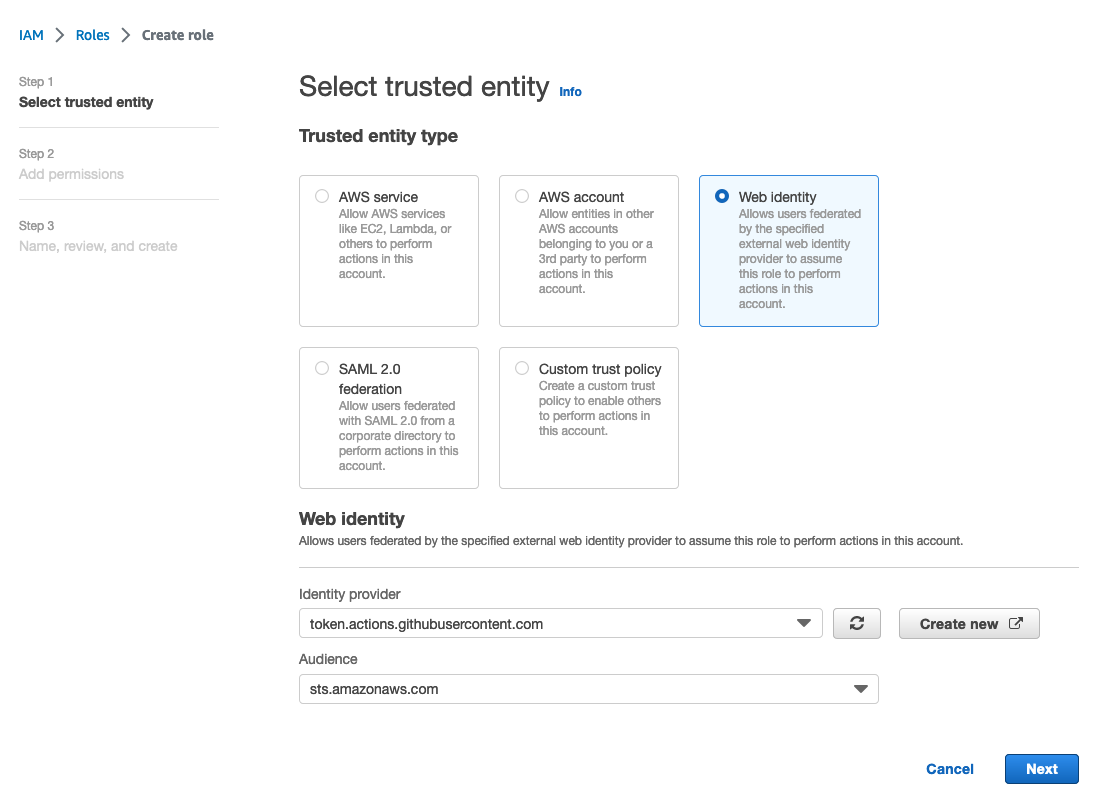 "AWS Console screenshot showing the IAM service's create role, select trusted entity form with 'Web identity' selected and the GitHub identity provider selected